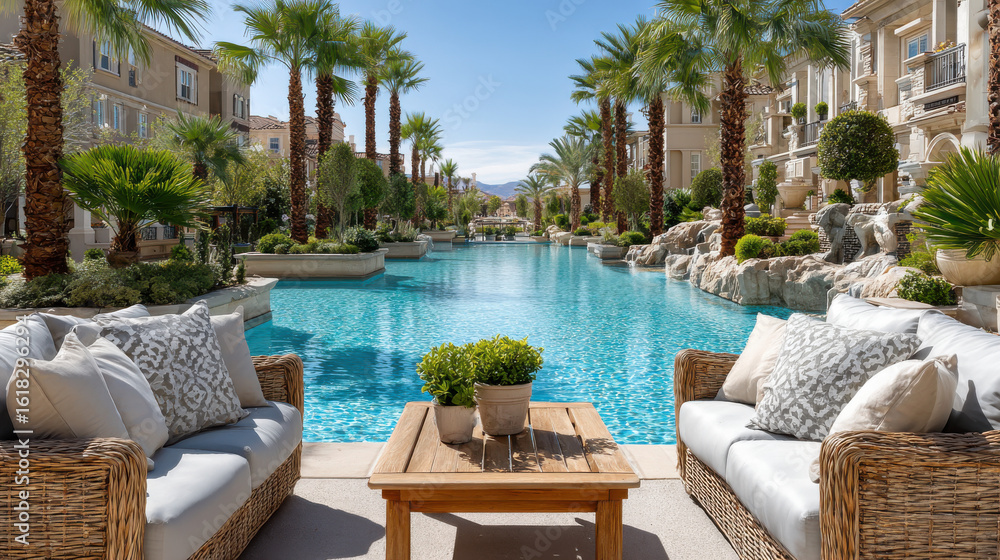 Fototapeta premium Poolside oasis with elegant outdoor furniture and tall palm trees in a tropical resort setting