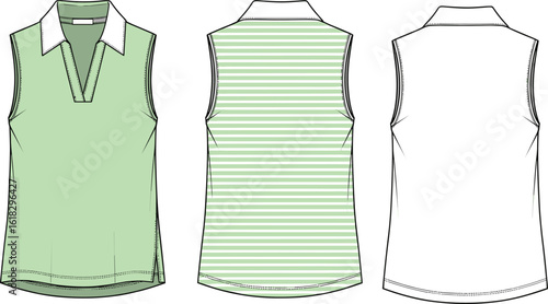 Sleeveless top CAD, V-neck with collar, striped back, bust darts, fashion flat sketch, technical vector drawing, front and back views