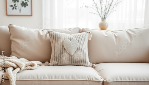 Cozy beige couch with heart-patterned pillow and decorative vase. knitted pillow beige heart (Valentine’s Day)  