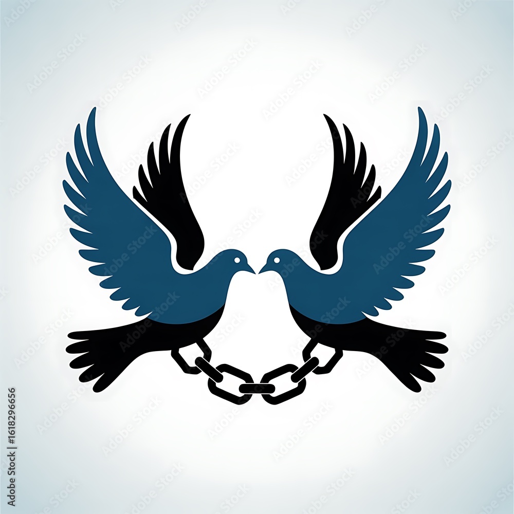 Obraz premium Two blue doves with wings spread connected by a chain symbolizing unity and freedom