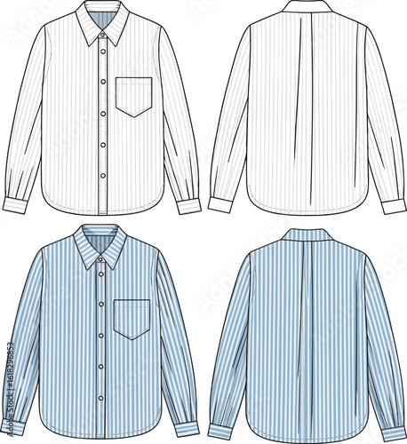 Striped long-sleeve shirt CAD drawing, front and back fashion sketch, button-up with collar, pocket, cuffs, pleat detail, two colors