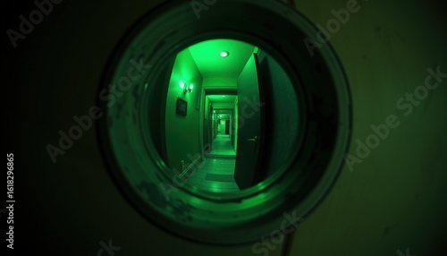 Green-lit corridor viewed through circular peep hole in wall. view through the peephole of the doo  