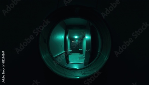 Corridor view through a round lens with green lighting at night. view through the peephole of the doo  