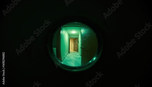 Corridor viewed through round hole with green lighting . view through the peephole of the doo 