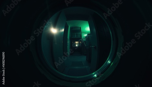 View through round window into dimly lit hallway with green light . view through the peephole of the doo 