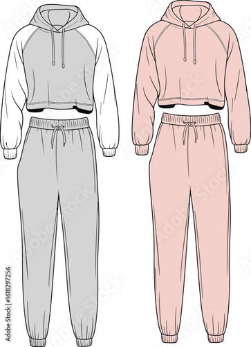 Sweatsuit CAD drawing, cropped hoodie and sweatpants, flat vector fashion sketch, pink and gray outfit, drawstring waist, cozy lounge set