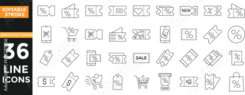 Discount promotion icon. Discount and coupon line icon set. Price discount tag icons. Sale, coupon, shop, offer, promotion, price tag, deal. Editable stroke. Vector illustration
