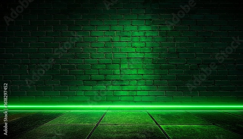 green neon light on a brick wall at night