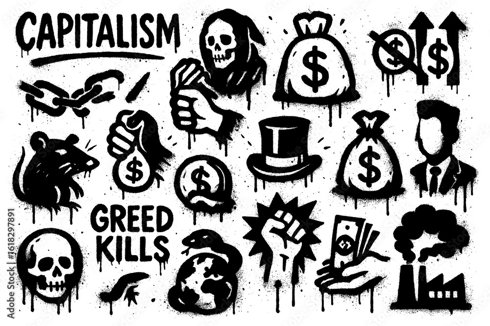 Obraz premium Graffiti icons opposing capitalism with chained hands, protest fist, dollar signs, factories, and symbolic globe in bold stencil style, Transparent Background