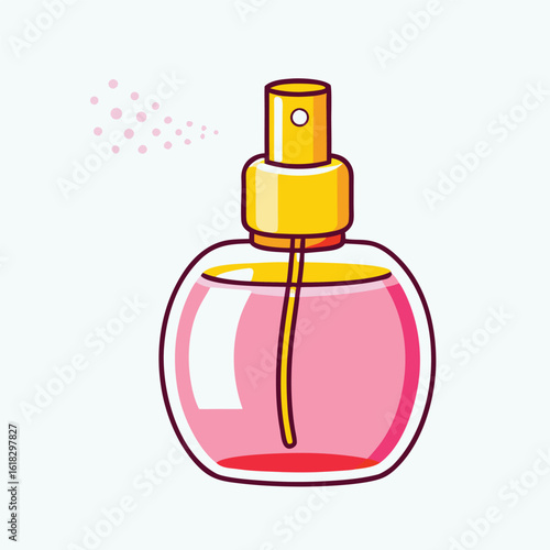 Pink perfume bottle with yellow spray nozzle and mist vector