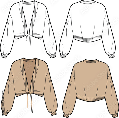 Tie-front cardigan CAD illustration, cropped sweater flat sketch, ribbed cuffs and hem, deep V-neckline, front back fashion vector
