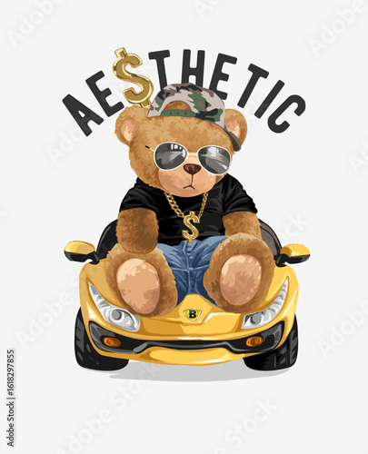 aesthetic slogan with bear doll sitting on yellow car vector illustration