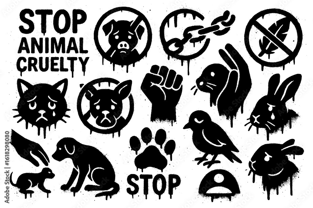 Naklejka premium Graffiti icons of stop animal cruelty with protest fist, chained paw, sad pets, and crossed-out symbols in bold stencil art style, Transparent Background