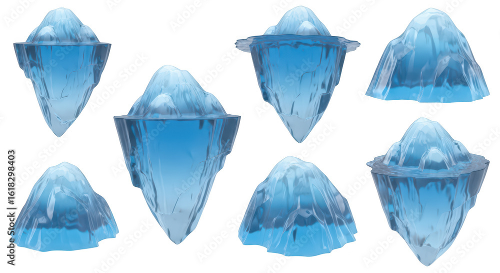 Fototapeta premium Set of stylized icebergs floating in a clear environment with white background used for illustrations and design projects
