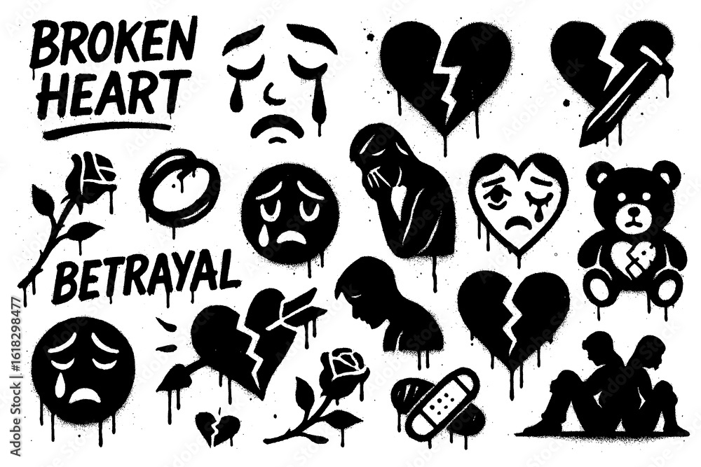 Naklejka premium Graffiti icons of heartbreak and betrayal with crying faces, broken hearts, roses and emotional silhouettes in bold stencil street art style, Transparent Background