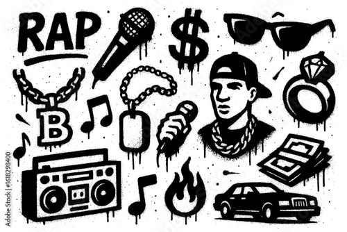 Graffiti icons of rap culture with rappers, boombox, chains, sunglasses, money and music notes in bold street stencil art style, Transparent Background