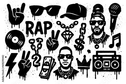 Schilderij op canvas Graffiti icons of rap culture with rappers, boombox, chains, sunglasses, money a