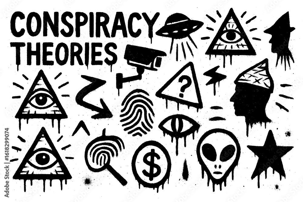 Fototapeta premium Conspiracy theory graffiti icons with aliens, pyramids, all-seeing eye, UFOs, and mysterious symbols in stencil street art style, Transparent Background