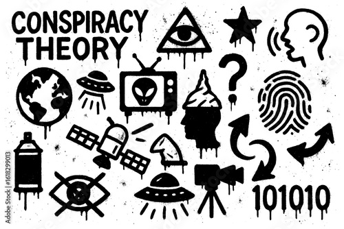 Foto Conspiracy theory graffiti icons with aliens, pyramids, all-seeing eye, UFOs, an