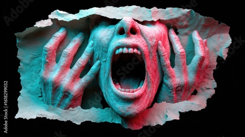 A haunting sculpture of a screaming face and hands emerging from a cracked wall, illuminated with dramatic red and blue lighting.