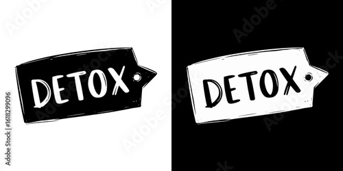 "Detox" label in minimalistic style, pencil drawing, isolated vector image, two design variants on transparent and black background, chalk drawing