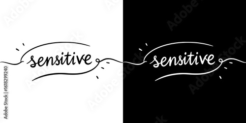 Handwritten word "sensitive", pencil drawing, isolated vector image, two design variants on transparent and black background, chalk drawing
