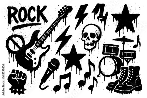Obraz na plátně Rock music icons with guitars, drums, skulls, stars and lightning in graffiti st