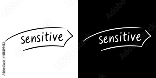 Text "SENSITIVE" in stylized arrow pencil drawing, isolated vector image, two design variants on transparent and black background, chalk drawing  