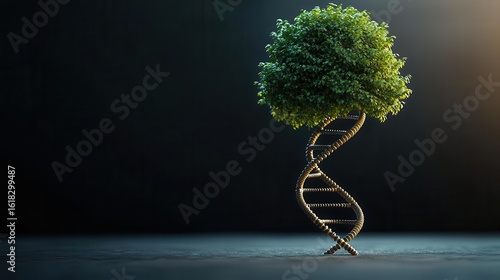 A surreal image of a tree growing in the shape of a DNA helix, representing the connection between genetics and biodiversity