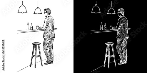 Man standing at bar with bottles, pencil drawing, isolated vector image, two design variants on transparent and black background, chalk drawing
