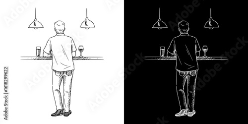 Man standing at bar with drinks, pencil drawing, isolated vector image, two design variants on transparent and black background, chalk drawing
