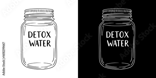 Detox water jar illustration, pencil drawing, isolated vector image, two design variants on transparent and black background, chalk drawing
