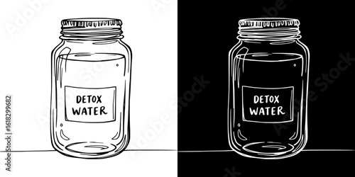 "Detox water" jar, pencil drawing, isolated vector image, two design variants on transparent and black background, chalk drawing
