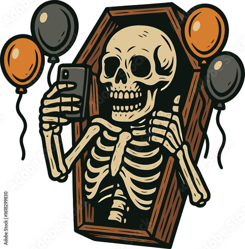 Skeleton taking selfie inside open coffin with party balloons in Halloween 