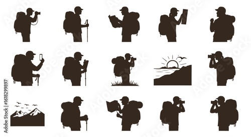 Silhouette illustrations of hikers with backpacks engaging in various outdoor activities on white background