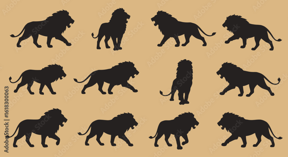 Obraz premium A pattern of twelve lion silhouettes in various poses against a tan colored background illustration