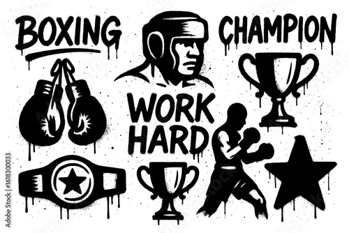 Boxing elements with gloves, fighter, trophies, punching bag, and graffiti stencil style, Transparent Background