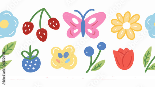 Wallpaper Mural Colorful Hand Drawn Springtime Border with Flowers Berries Butterfly and Leaves on White Background Torontodigital.ca