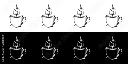 Pencil drawing of coffee cups with steam, isolated vector image, two design variants on transparent and black background, chalk drawing, seamless border
