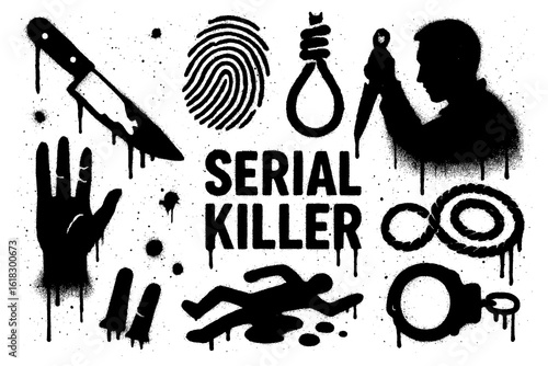 Photos Serial killer crime icons with murder weapons, forensic and investigation elemen