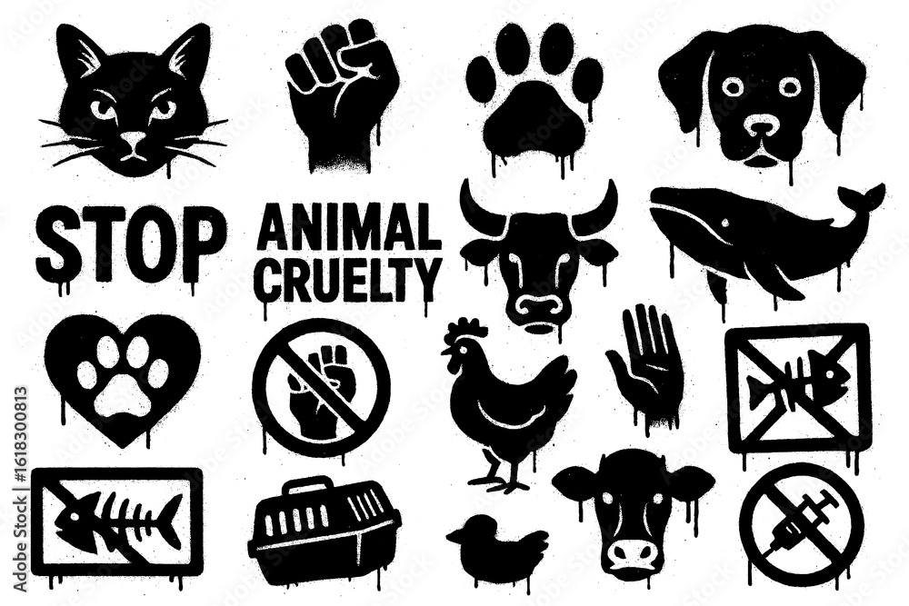Fototapeta premium Animal rights protest icons with slogans, animals, scales, and activist symbols in bold graffiti style, Transparent Background