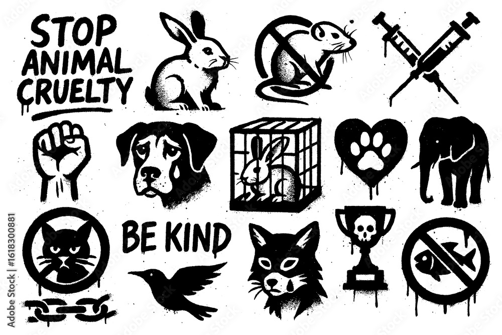 Naklejka premium Animal rights protest icons with slogans, animals, scales, and activist symbols in bold graffiti style, Transparent Background