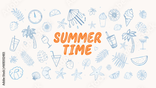 Summer Time Doodle Illustration with Tropical Elements and Refreshing Drinks on White