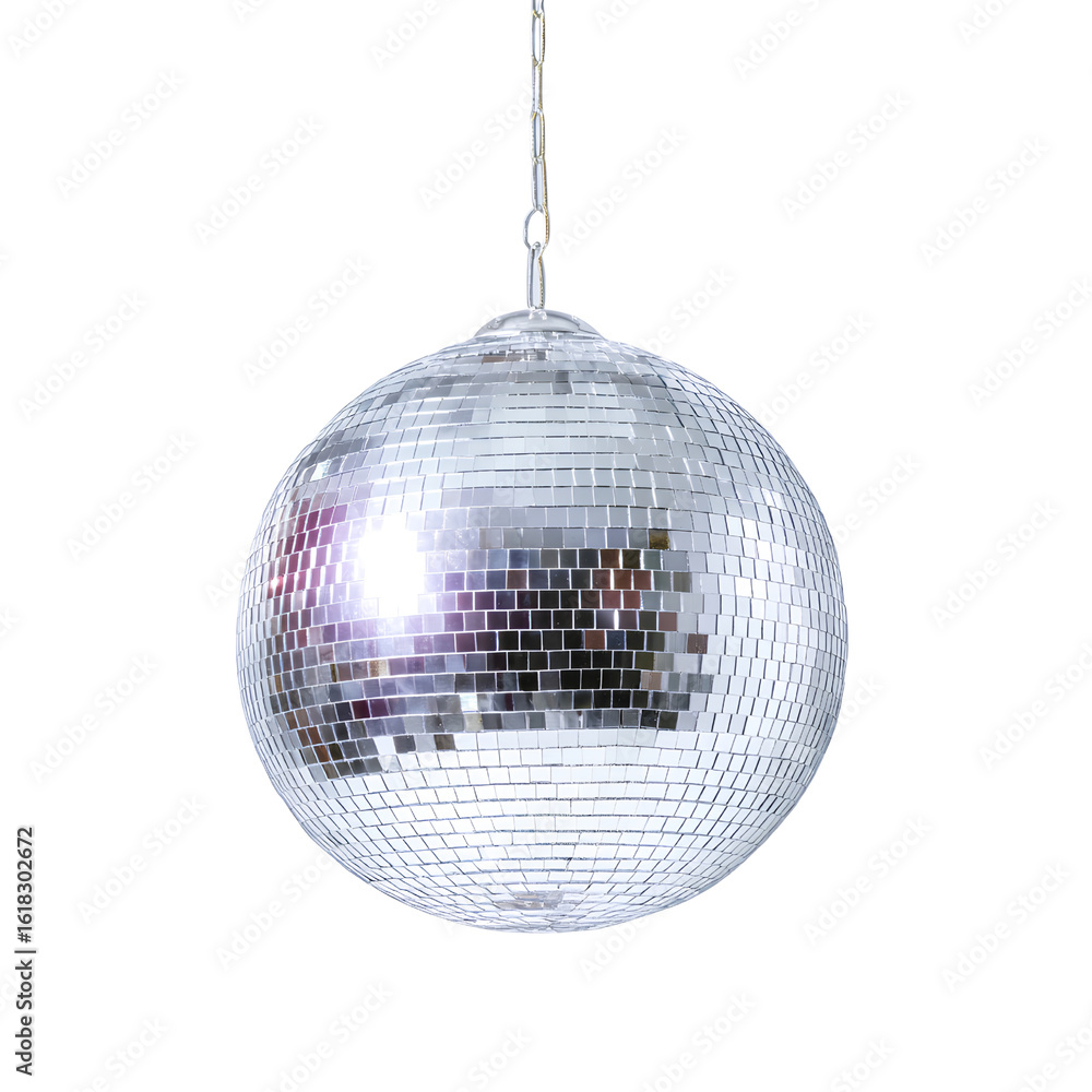 Fototapeta premium A shiny disco ball hanging from the ceiling, reflecting light and creating an atmosphere of partying on a Transparent background PNG
