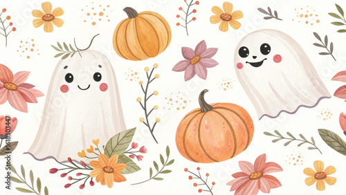 Seamless Halloween pattern featuring cute pastel watercolor ghosts smiling pumpkins autumn flowers