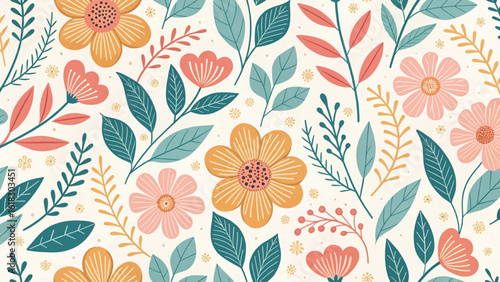 Seamless Halloween pattern featuring cute pastel watercolor ghosts smiling pumpkins autumn flowers