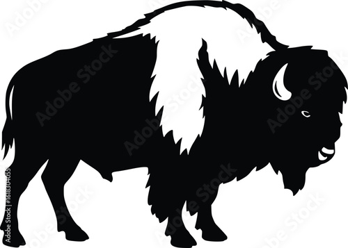 silhouette of a bison in profile with shaggy mane, horns, and distinctive hump