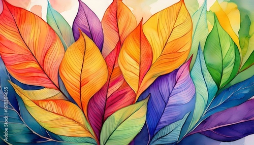 Wallpaper Mural a vibrant watercolor painting of overlapping leaves in various colors including yellow orange red blue green and purple Torontodigital.ca
