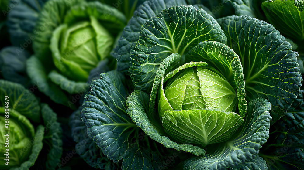 Fototapeta premium Vibrant green cabbage heads with lush leaves in natural light, showcasing fresh produce. close up highlights texture and color, perfect for healthy eating concepts