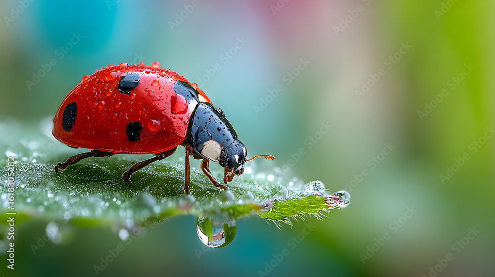 Obraz premium Vibrant ladybug with red and black spots is perched on dewy green leaf, surrounded by morning dew droplets, creating fresh and lively scene